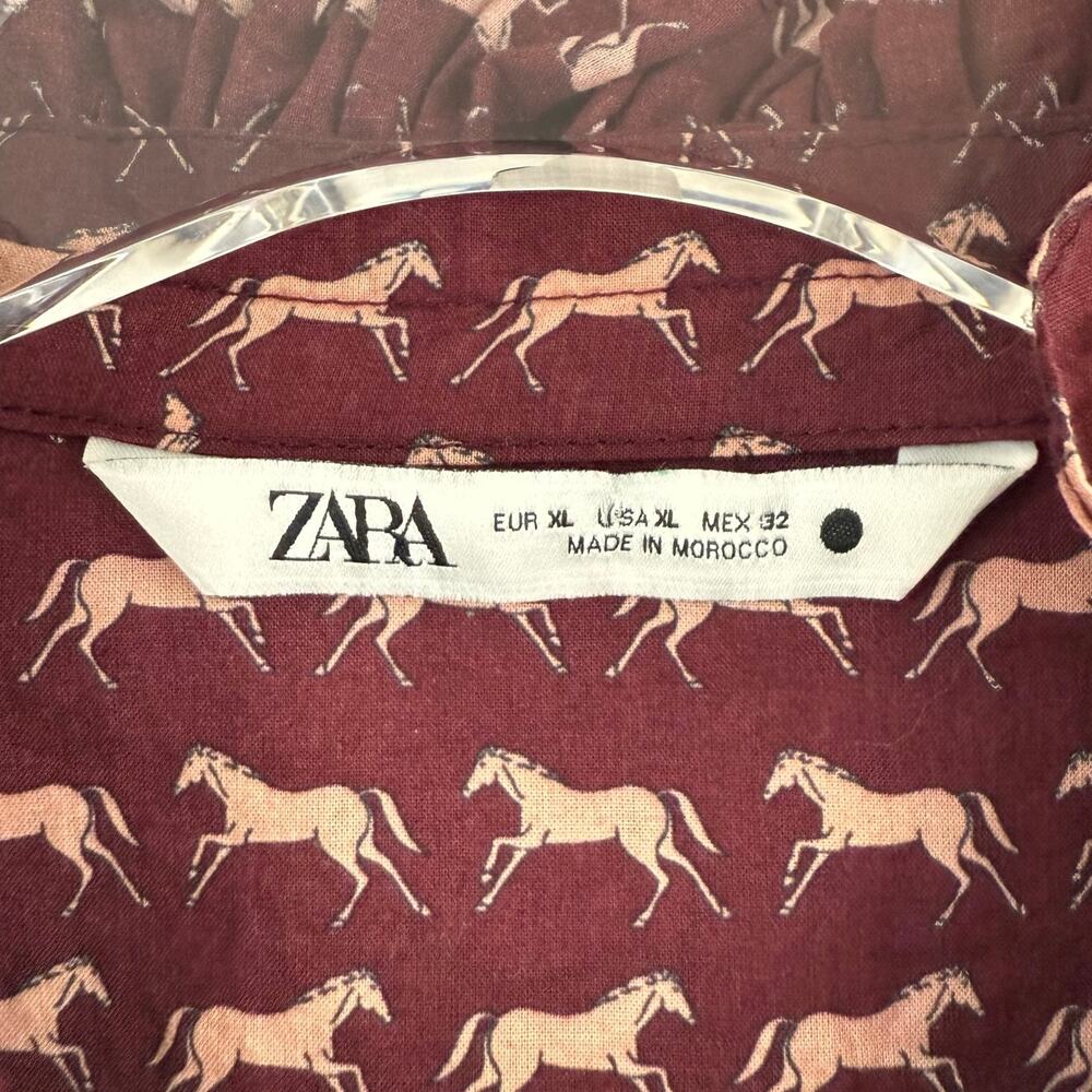 Zara Horse Print Shirt Ruffle Trim Women Size XL Burgundy Maroon Pink Slim Fit - Picture 3 of 7